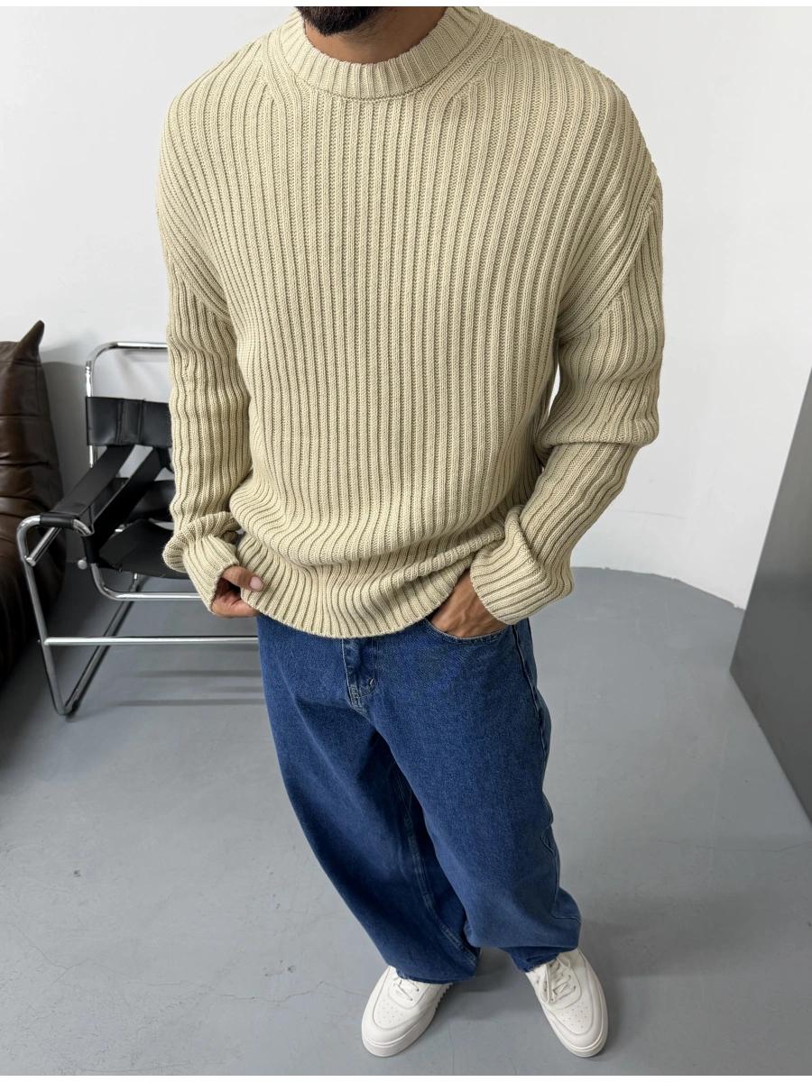 Krem Premium Oversize Fit Triko Kazak