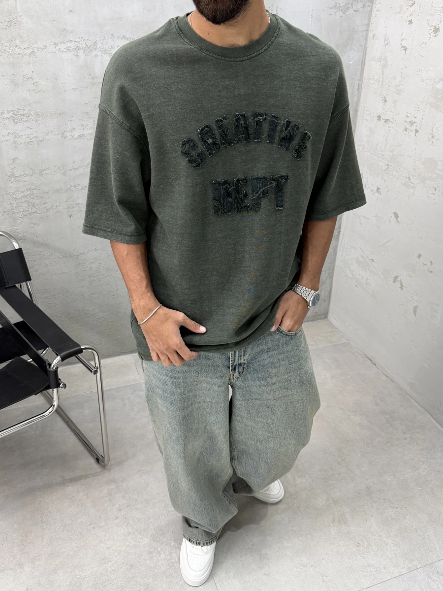 Haki Yıkamalı Denim Kabartmalı Oversize T-Shirt