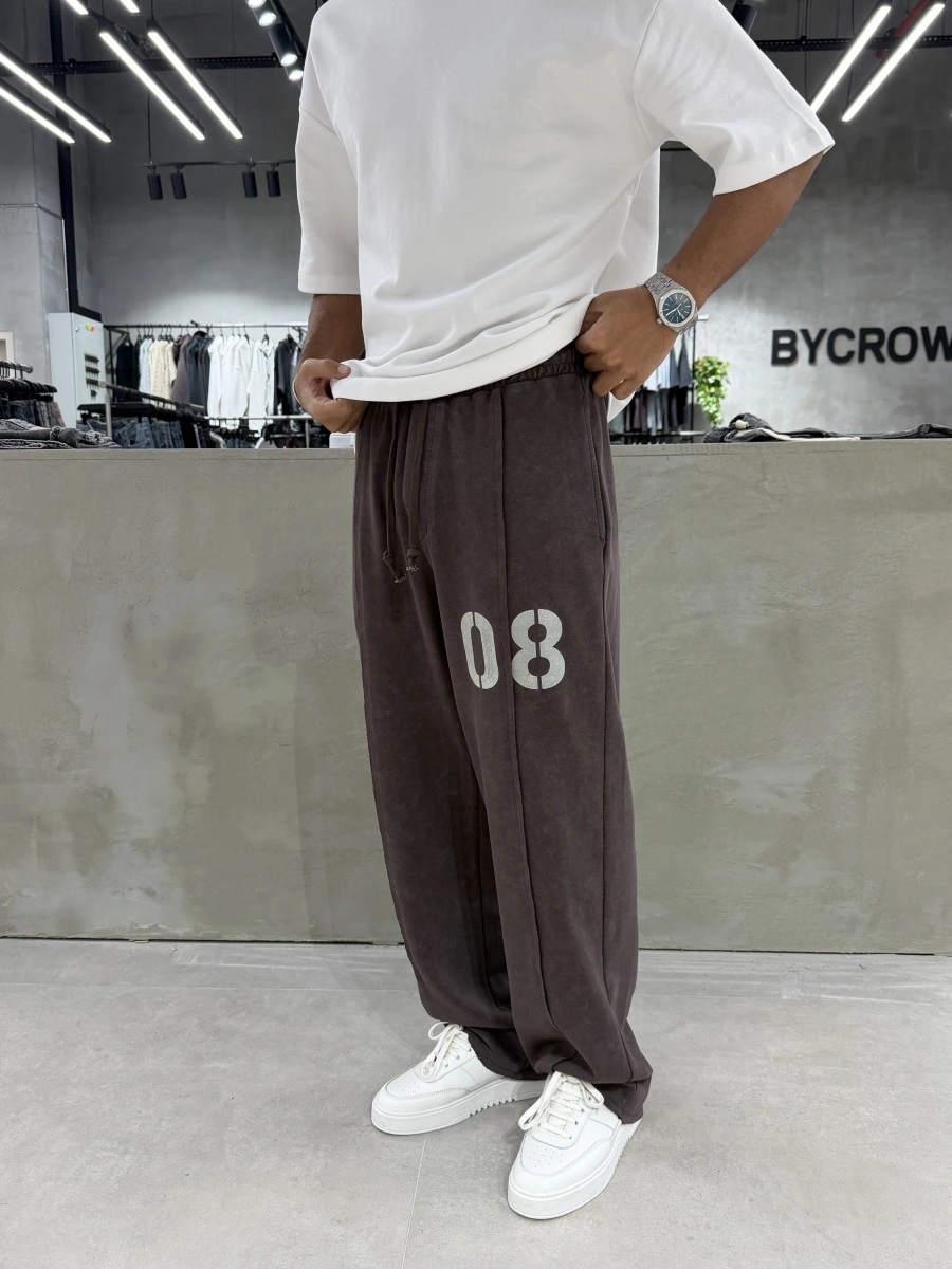 Kahve 08 Yıkamalı Bol Kalıp Baggy Eşofman