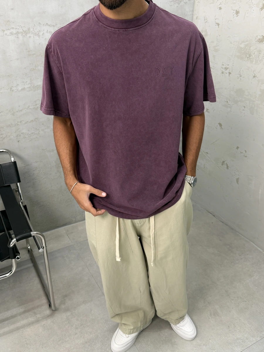 Day Bordo Yıkamalı Oversize T-Shirt