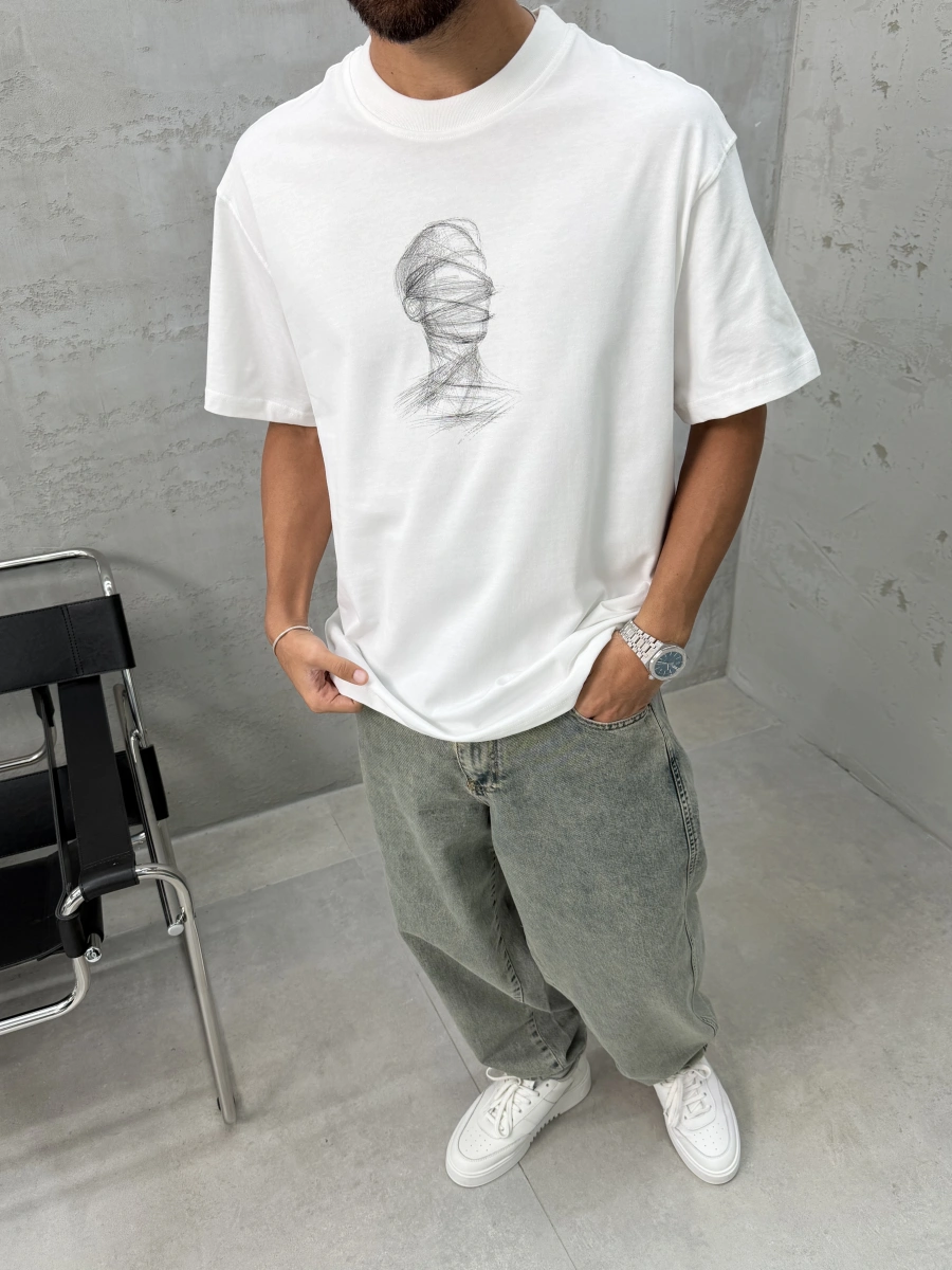 Beyaz Baskılı Oversize T-Shirt