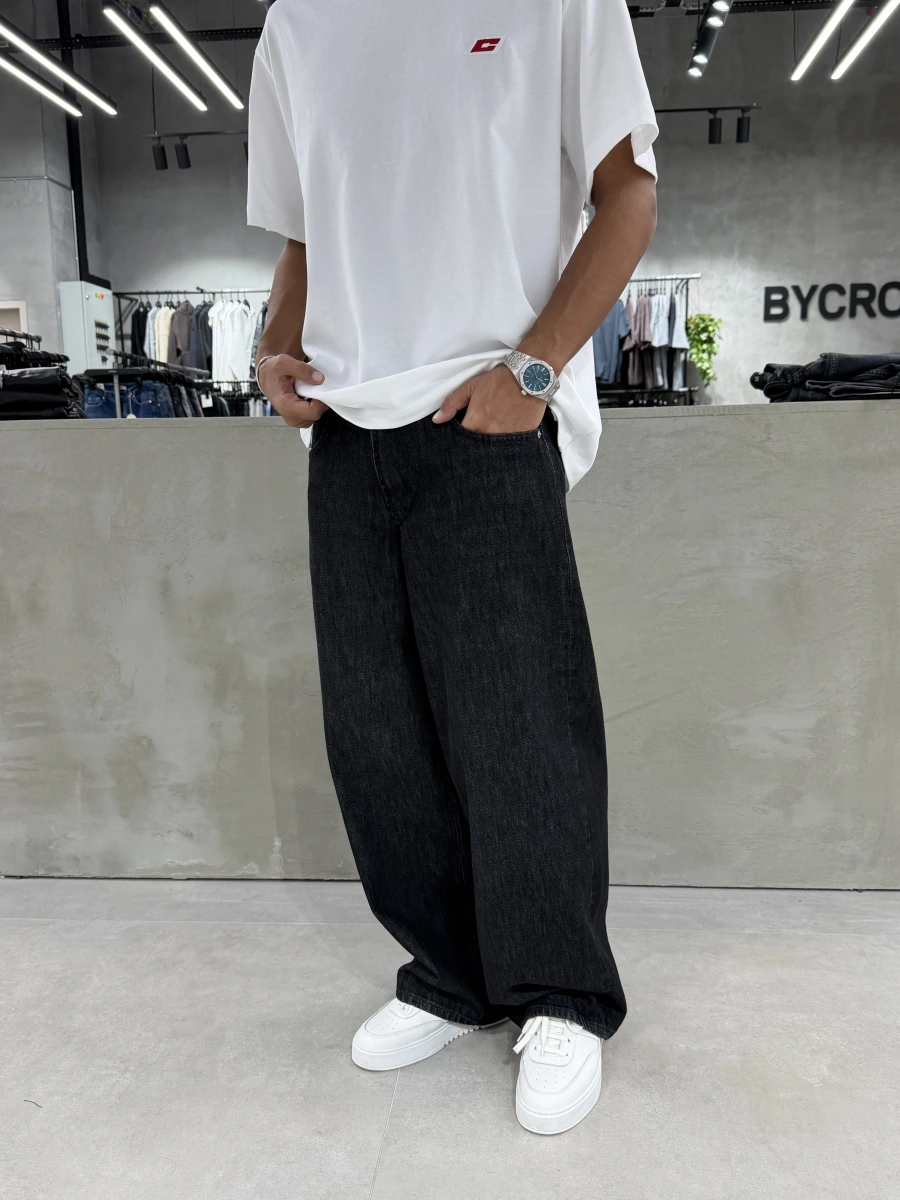 Siyah Eskitme Denim Süper Baggy