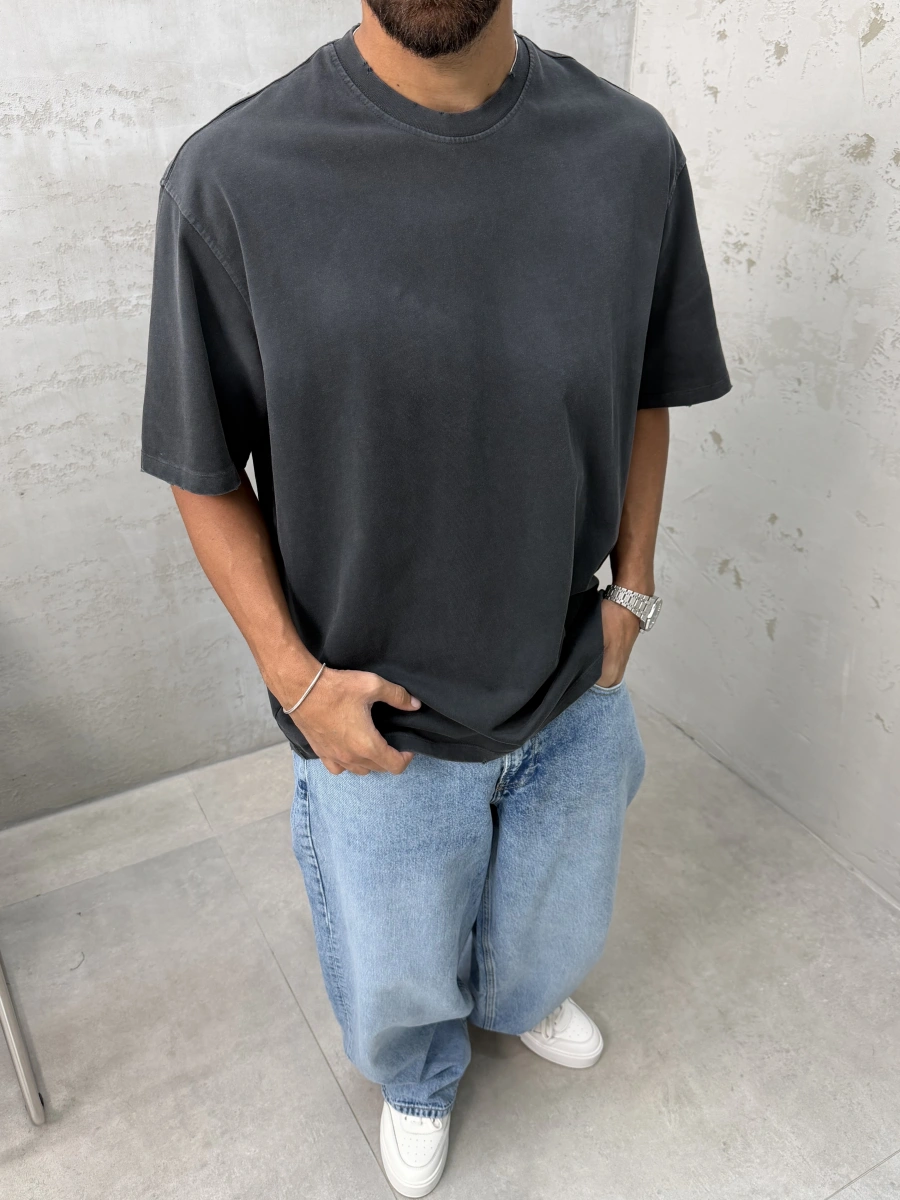 Siyah Basic Yıkamalı Oversize T-Shirt
