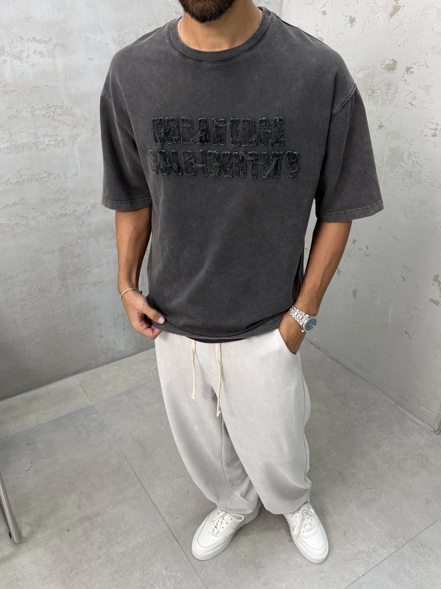 Kahve Yıkamalı Kabartmalı Oversize T-Shirt