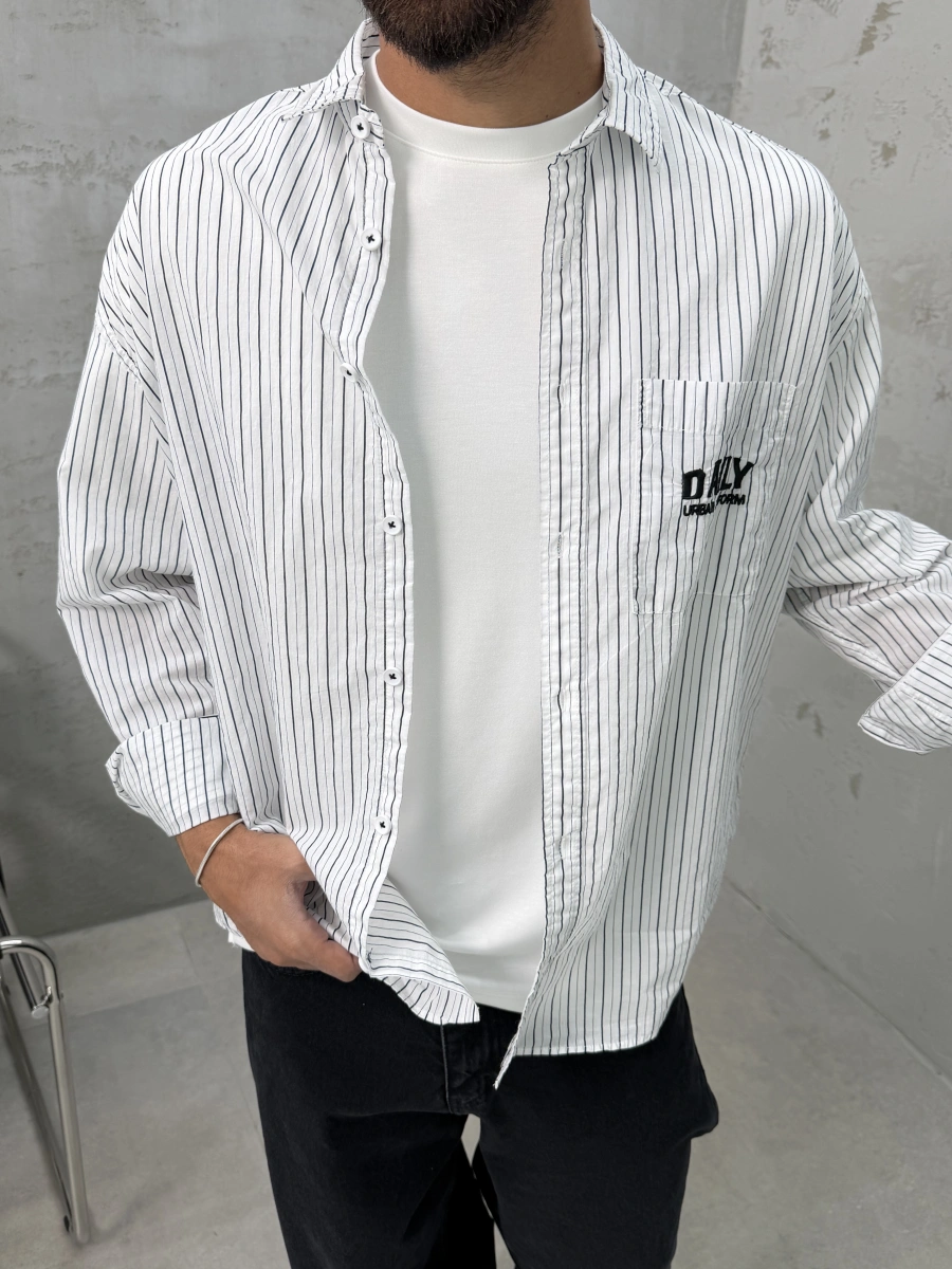Beyaz Daily Çizgili Oversize Gömlek