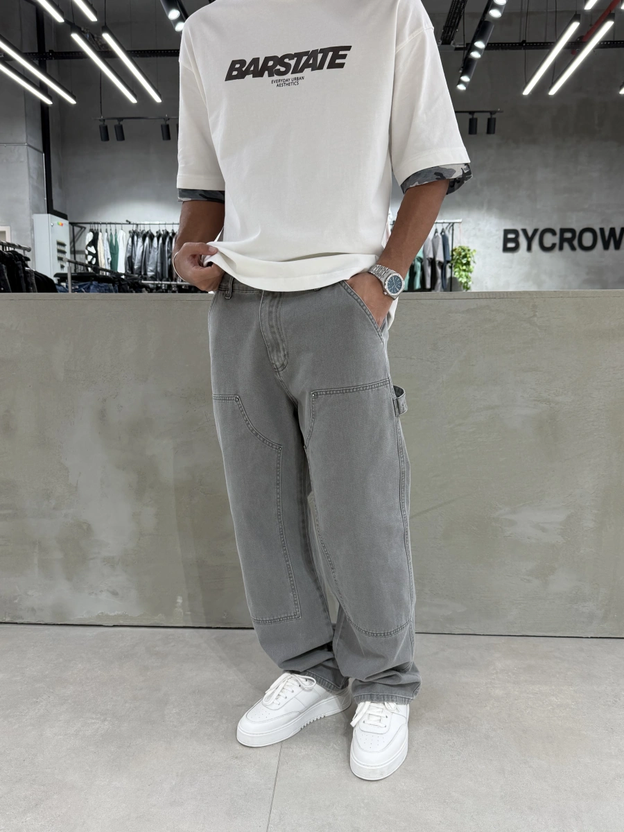 Gri Yıkamalı Dikiş Detay Baggy Jean