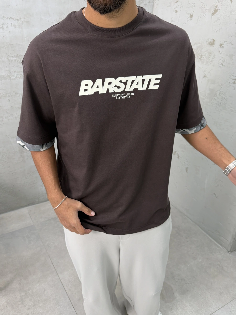 Kahve Barstate Oversize Kol Detay T-Shirt