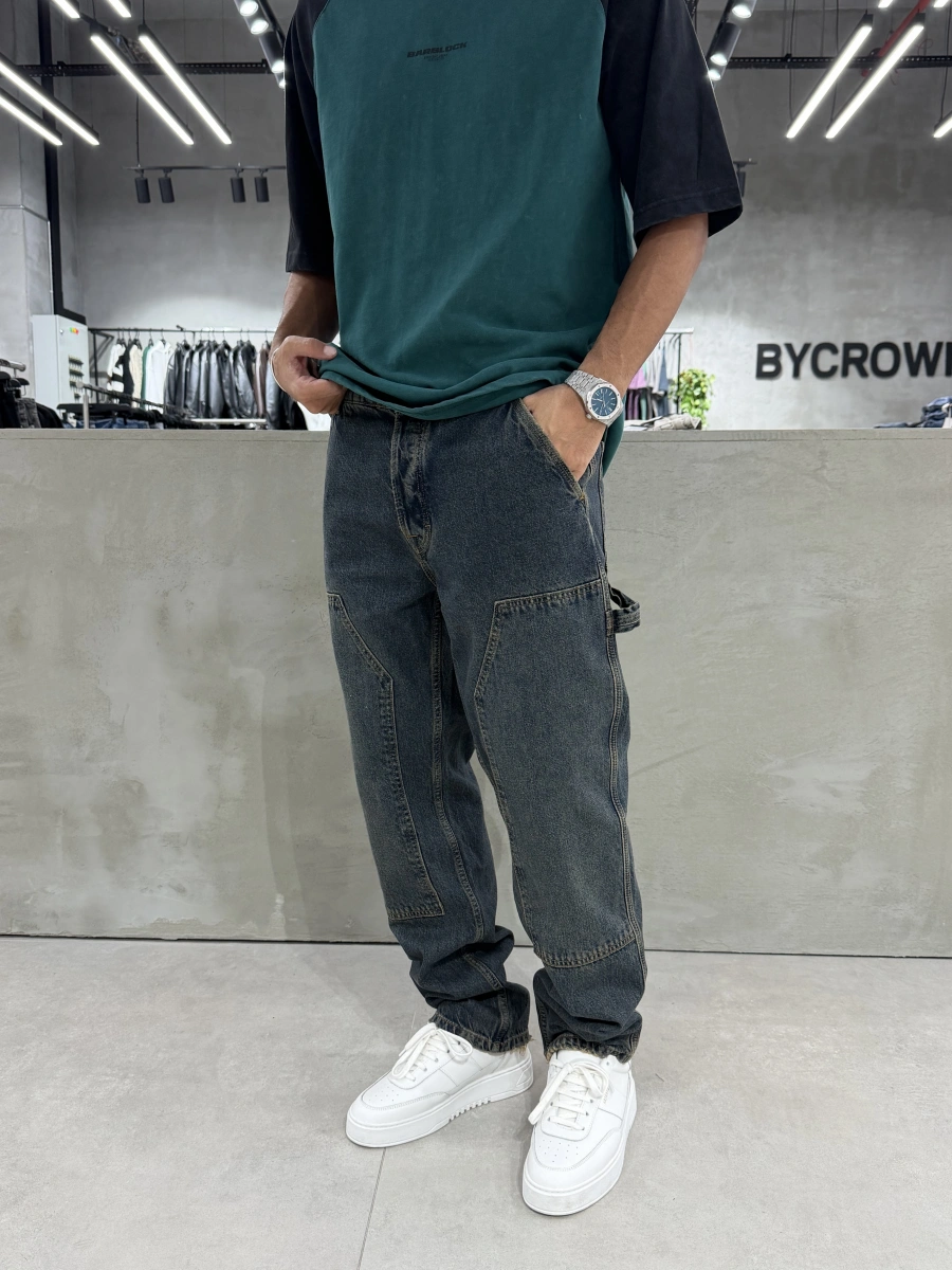 Koyu Eskitme Mavi Dikiş Detay Baggy Jean