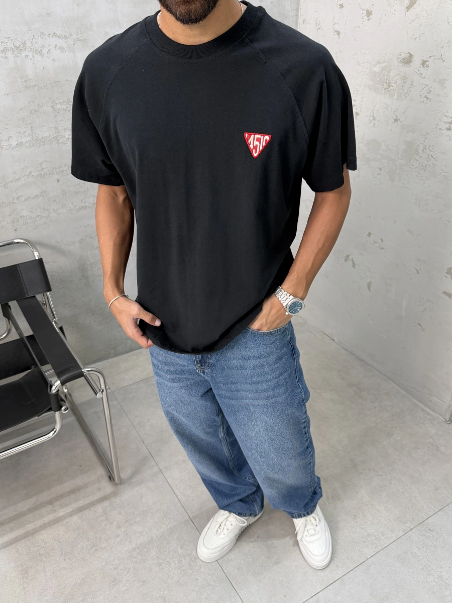 Siyah Süper Minimal Baskılı Oversize T-Shirt