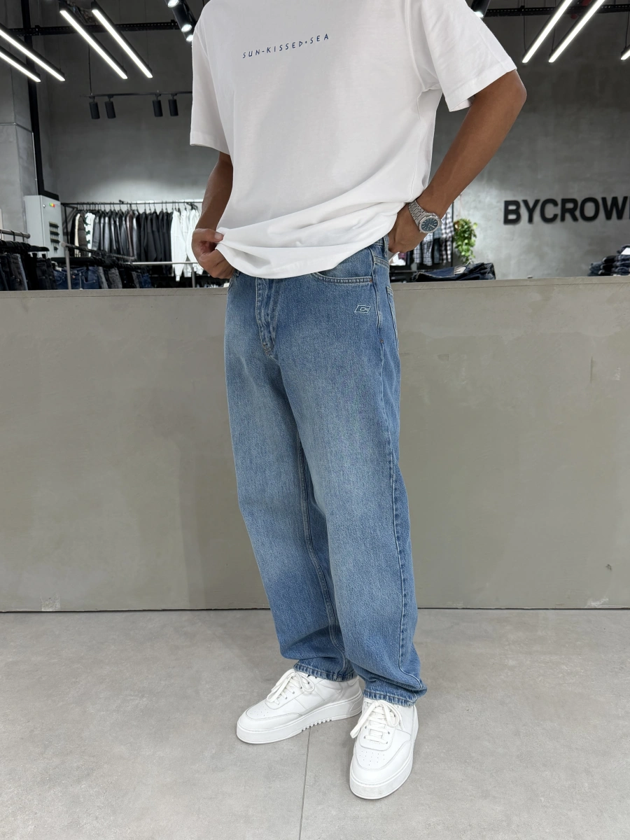 Mavi C Nakışlı Bol Kalıp Baggy Jean