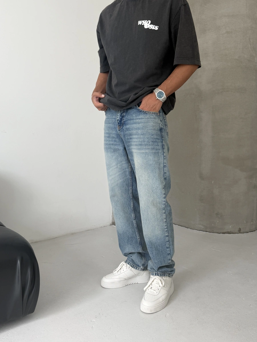 Ice Mavi Eskitme Street Baggy Jean
