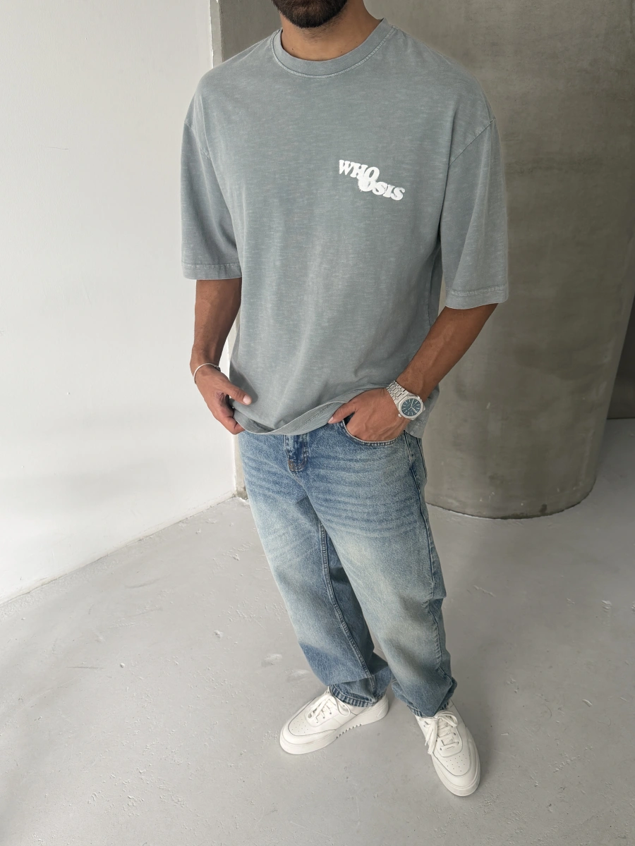 Gri Who Yıkamalı Oversize Tshirt