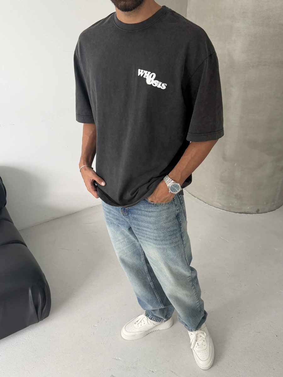 Siyah Who Yıkamalı Oversize Tshirt