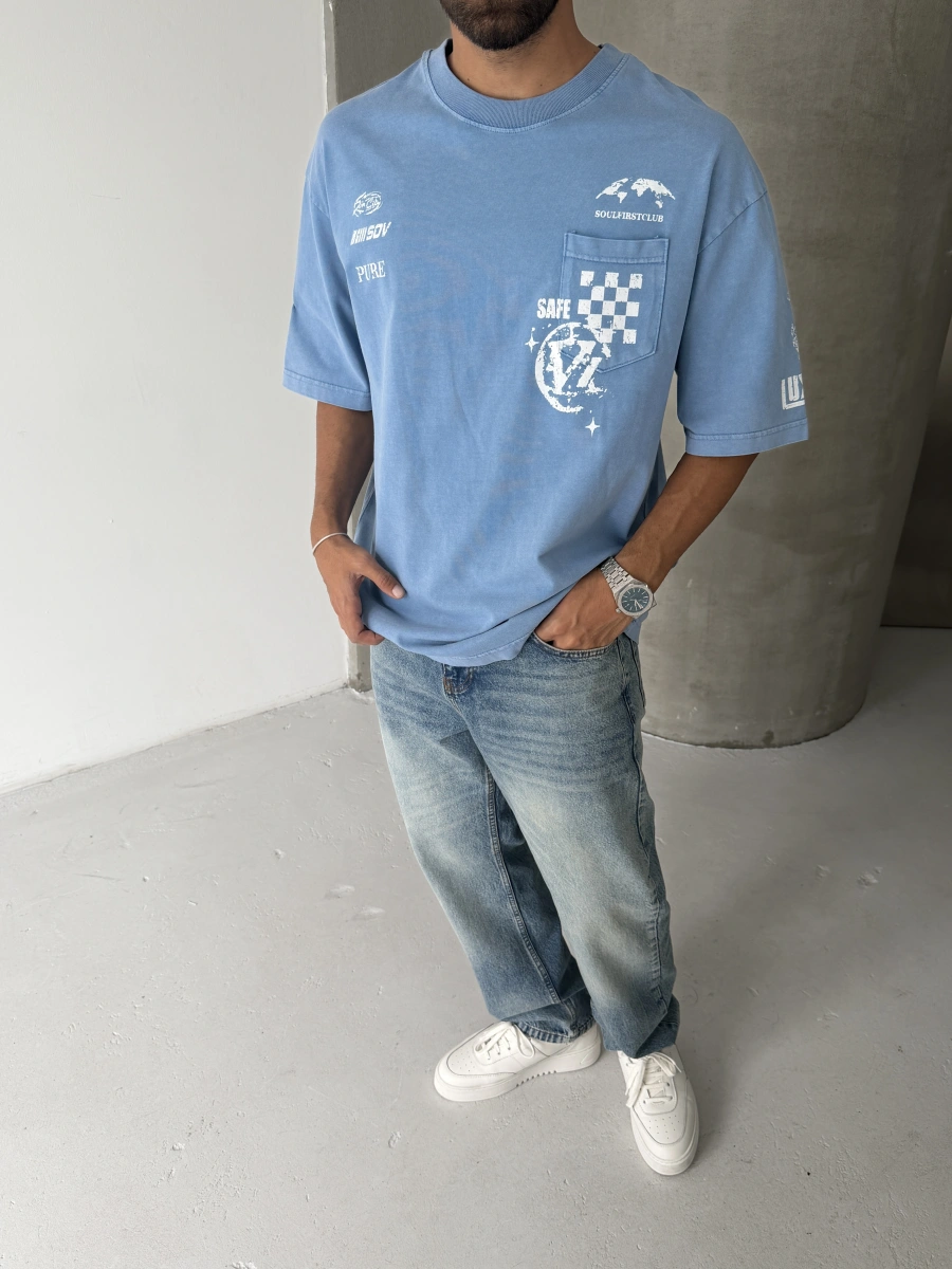 Mavi Yıkamalı Safe Oversize Tshirt