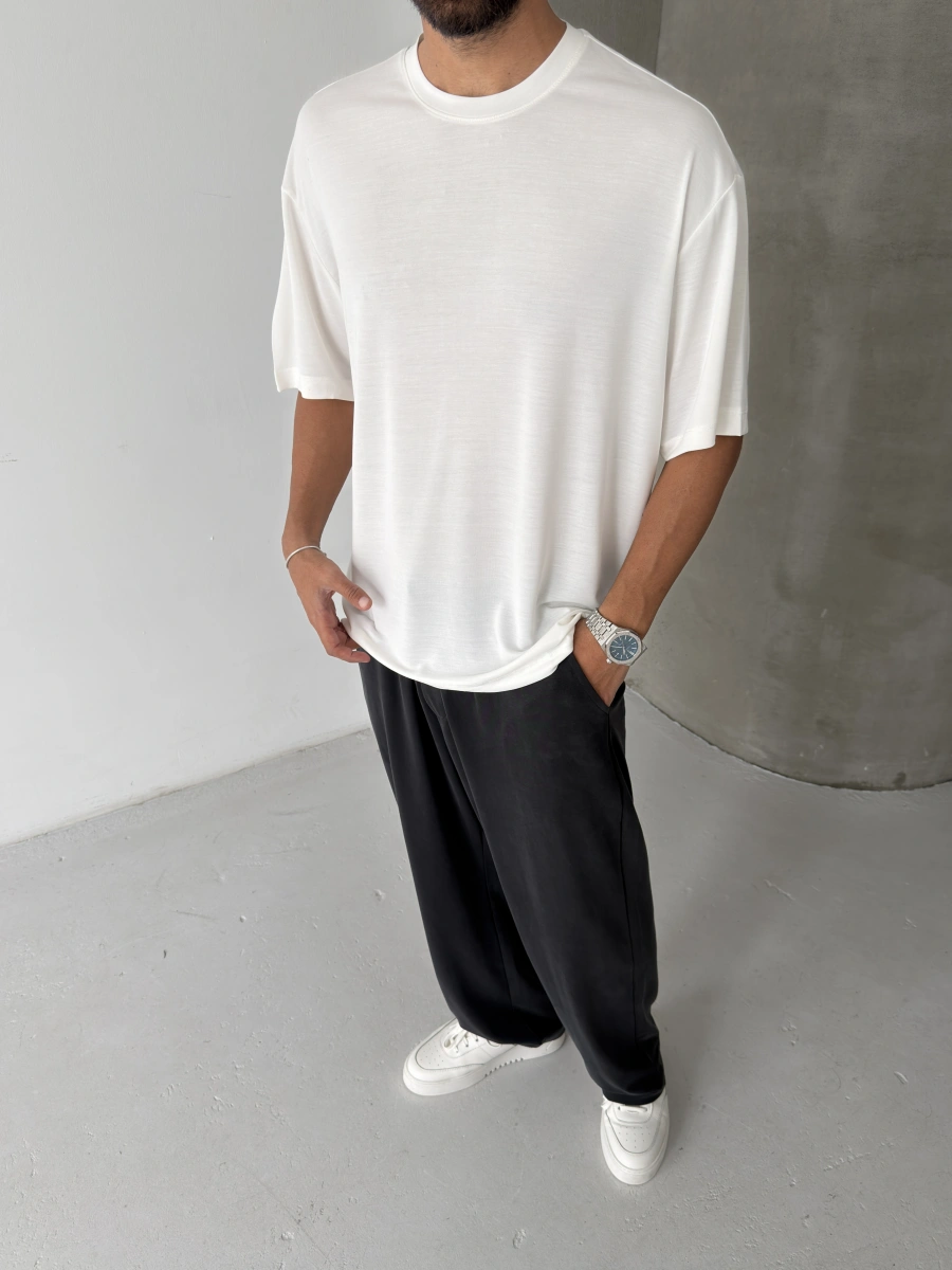 Beyaz Modal Kumaş Oversize T-shirt