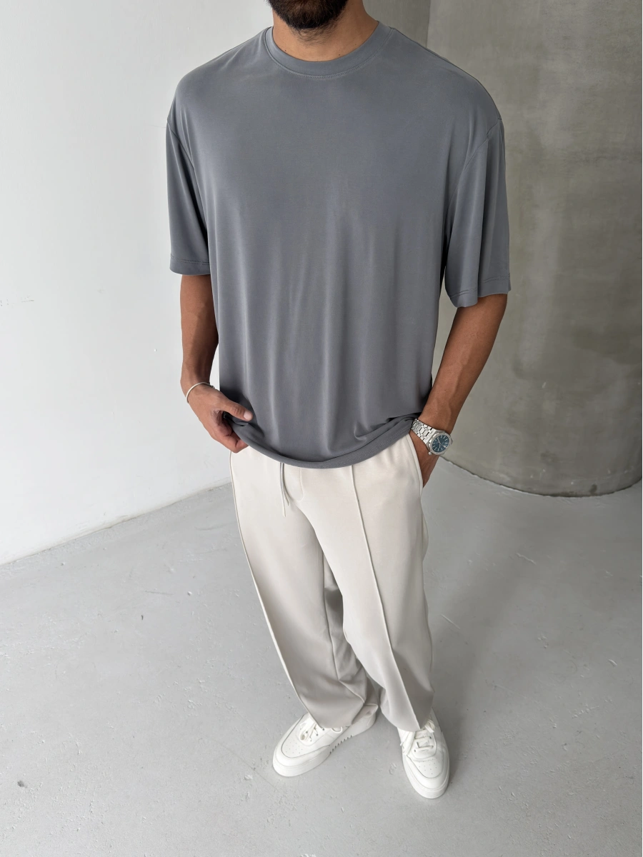 Gri Modal Kumaş Oversize T-shirt