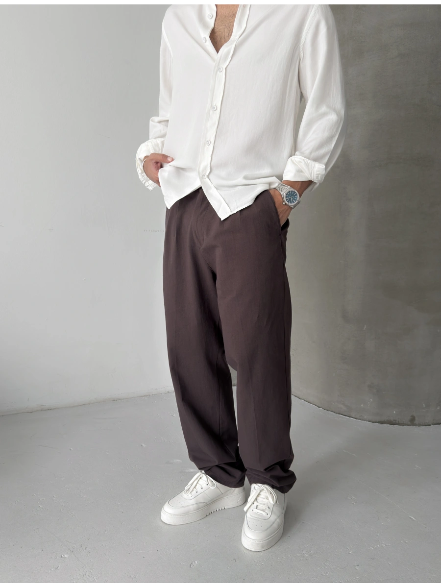 Kahve Premium Linen Kumaş Bol Kalıp Baggy
