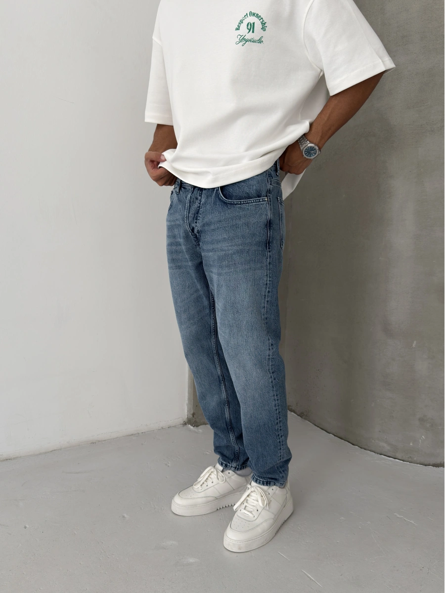 Mavi Yıkamalı Effect Denim Boyfriend Jean