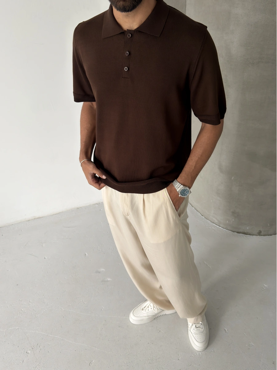 Kahve Polo Yaka İnce Triko T-shirt
