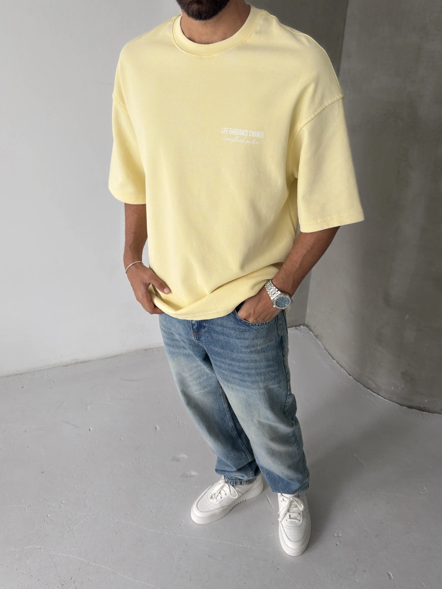 Sarı Baskılı Yıkamalı Oversize T-shirt