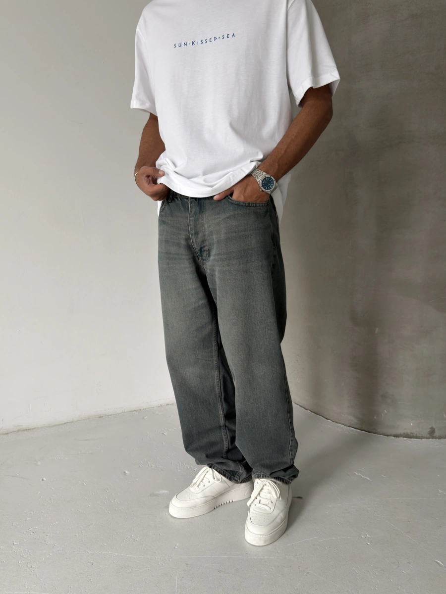 Koyu Yeşil Eskitme Baggy Jean