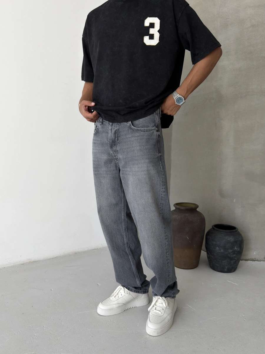 Gri Premium Yıkamalı Baggy Jean