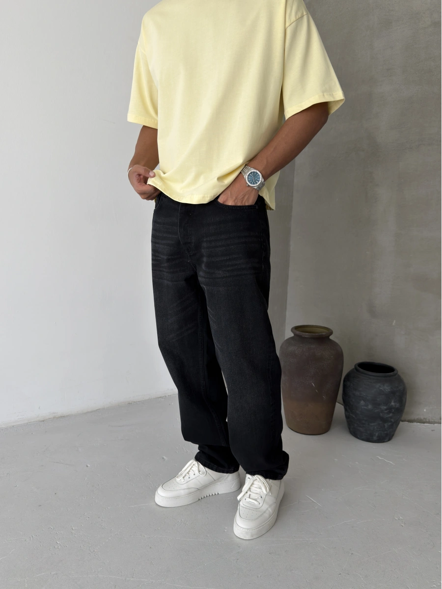 Siyah Yıkama Efektli Premium Baggy Jean