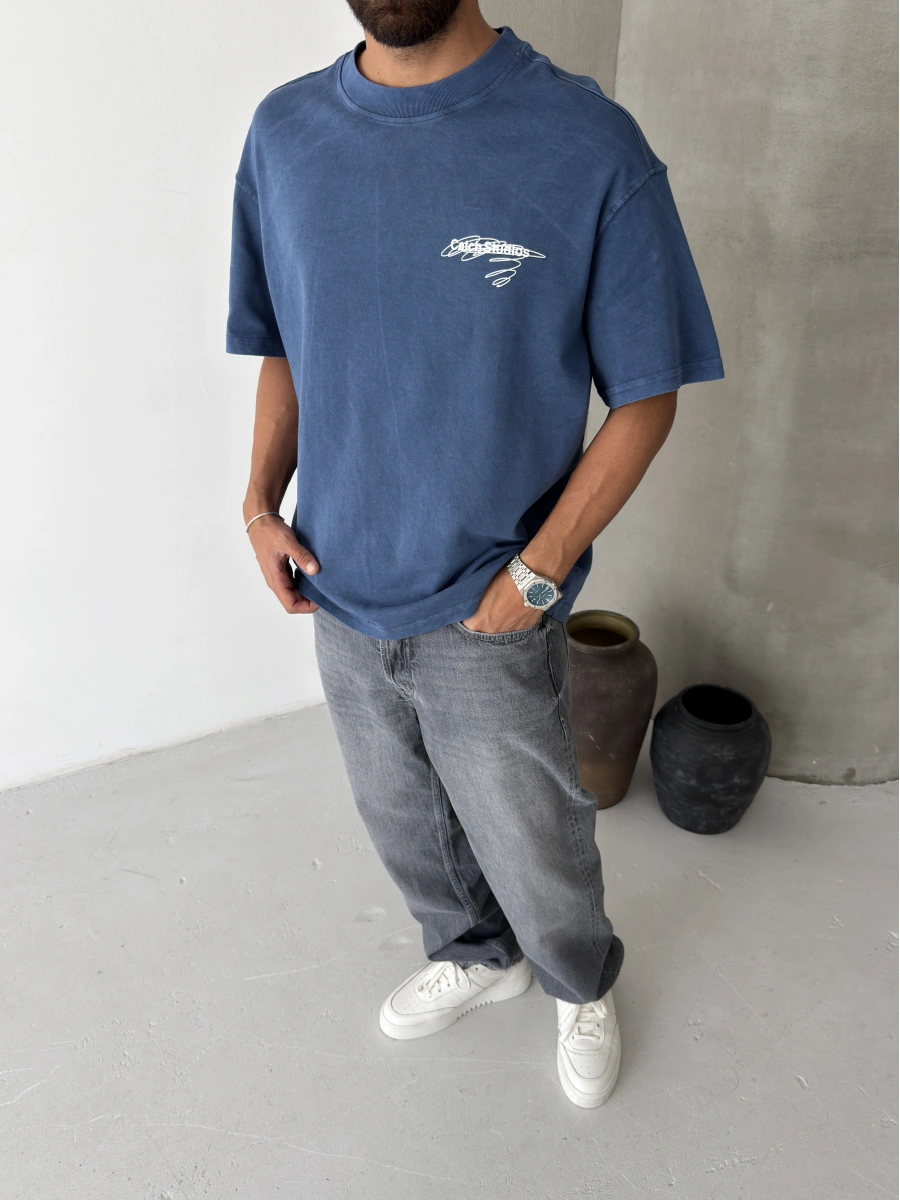 Mavi Yıkamalı Stüdio Oversize T-shirt
