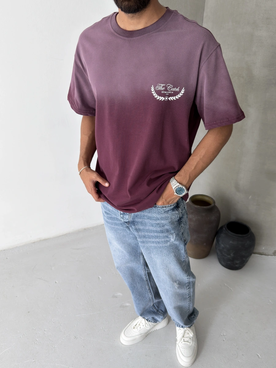 Bordo Yıkamalı Baskılı Oversize T-shirt