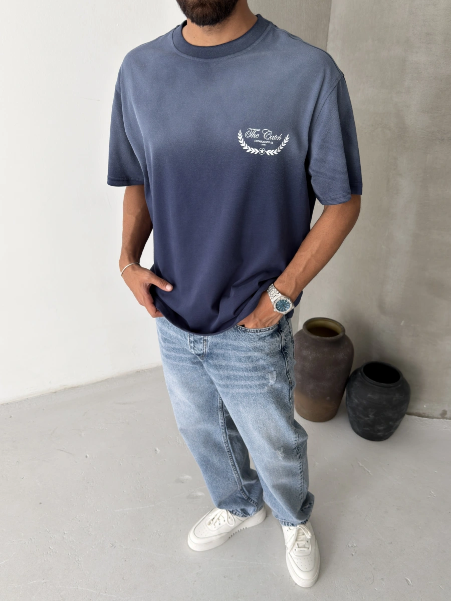 Lacivert Yıkamalı Baskılı Oversize T-shirt