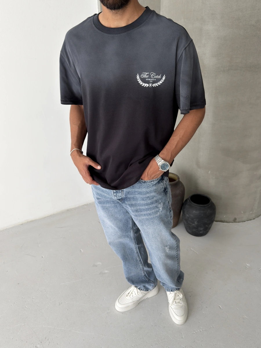 Siyah Yıkamalı Baskılı Oversize T-shirt