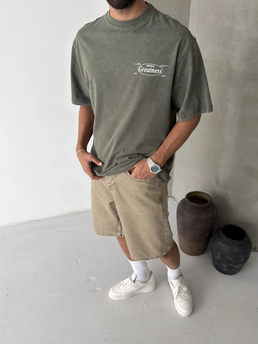 Haki Yıkamalı Greatness Oversize T-shirt
