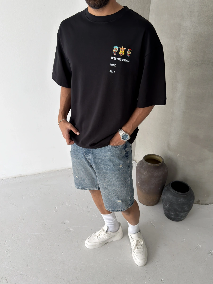 Siyah Mask Baskılı Oversize T-shirt