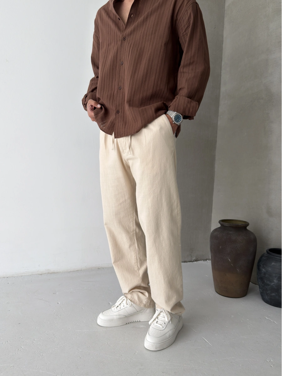 Krem Pileli Regular Keten Baggy