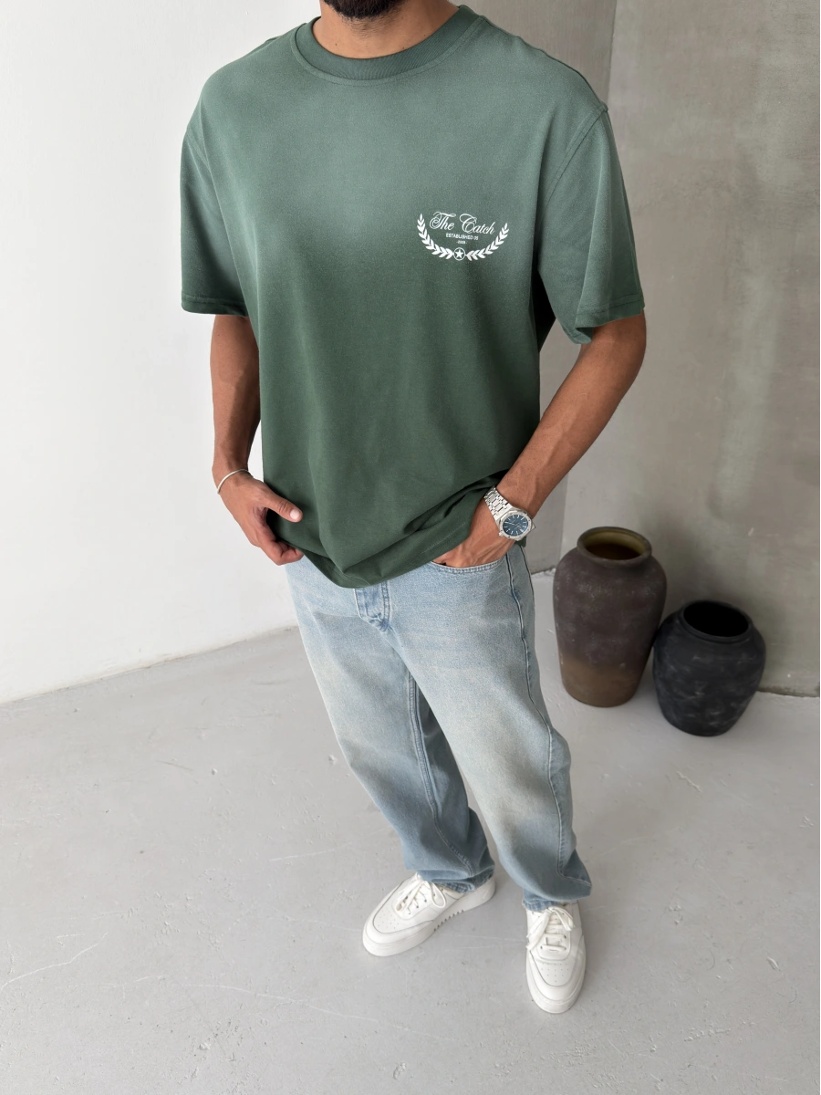 Haki Yıkamalı Baskılı Oversize T-shirt