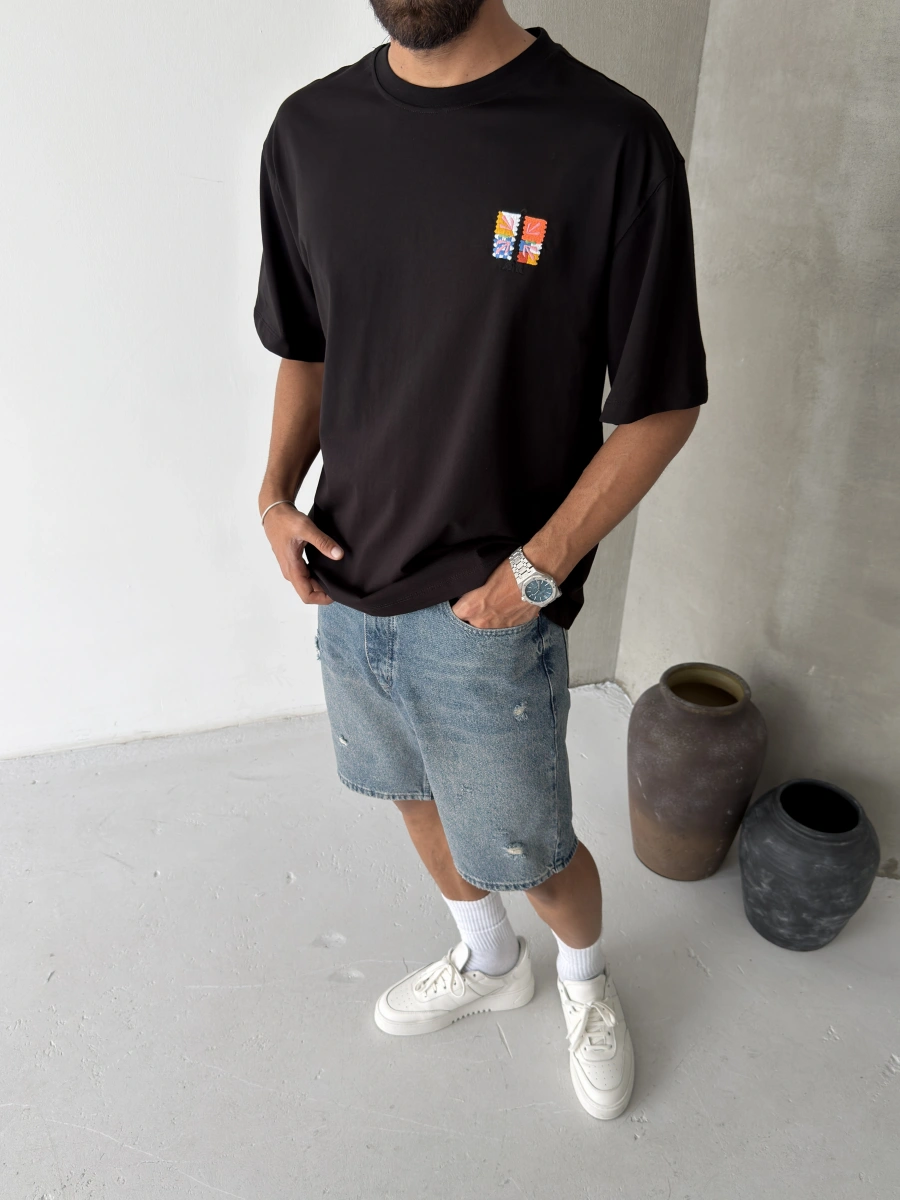 Siyah Etnik Minimal Baskılı Oversize T-shirt