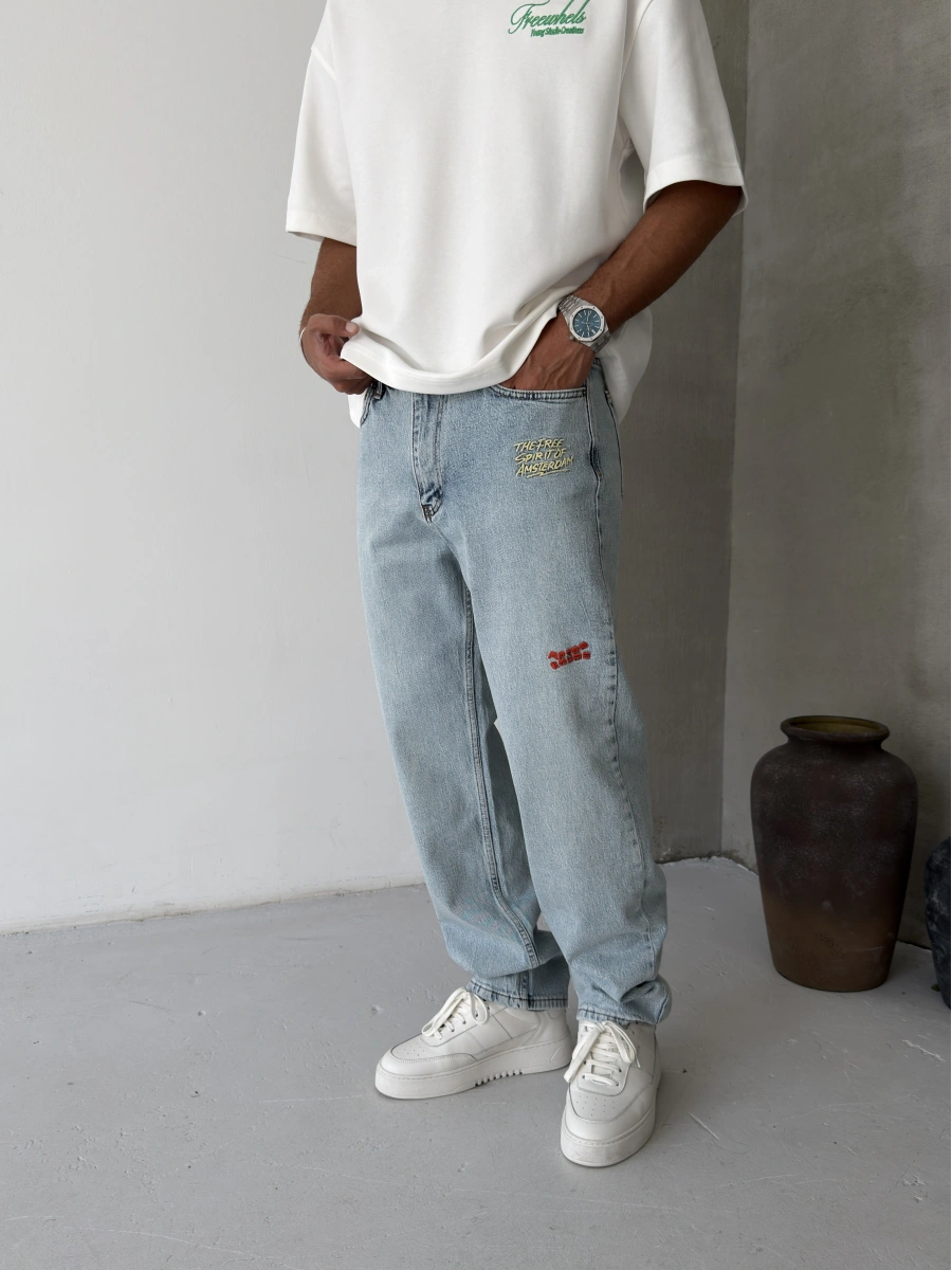 Buz Mavi Cebi Nakışlı Baggy Jean