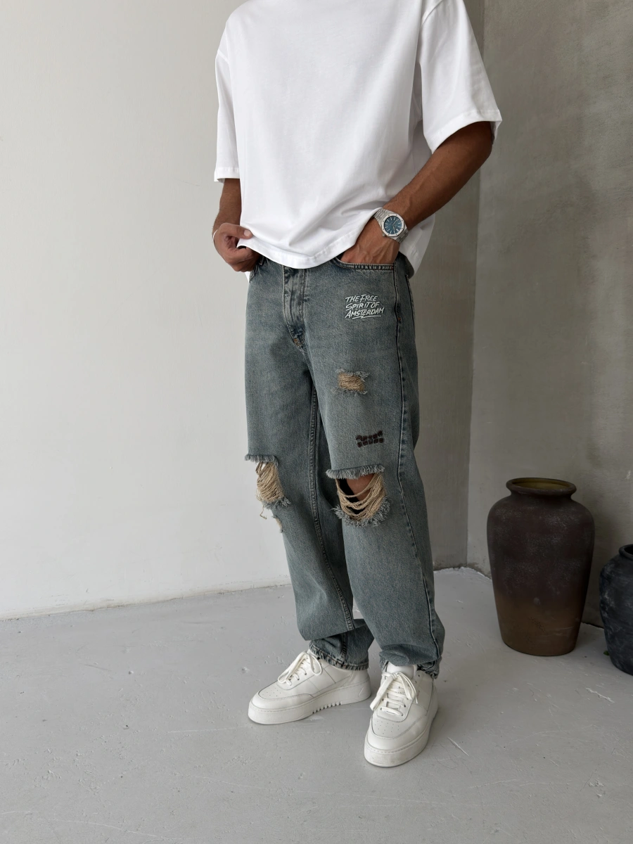 Eskitme Mavi Yırtık Cebi Nakışlı Baggy Jean