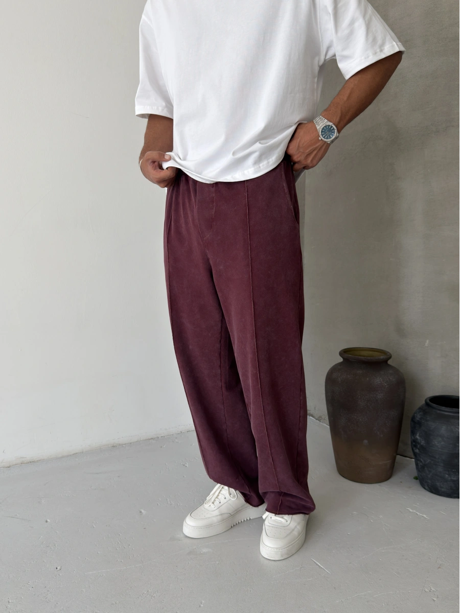 Bordo Yıkamalı Şerit Detay Baggy Eşofman