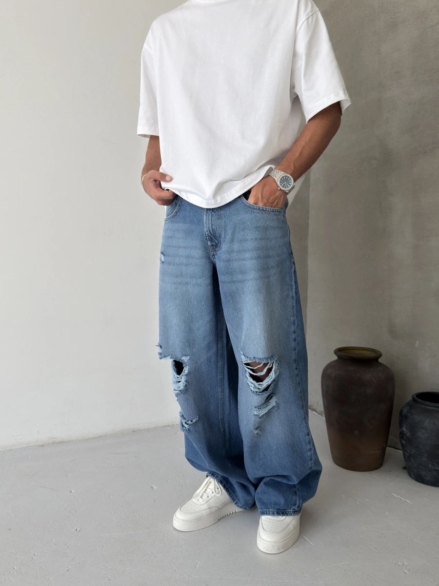 Mavi Yırtık Süper Baggy Jean