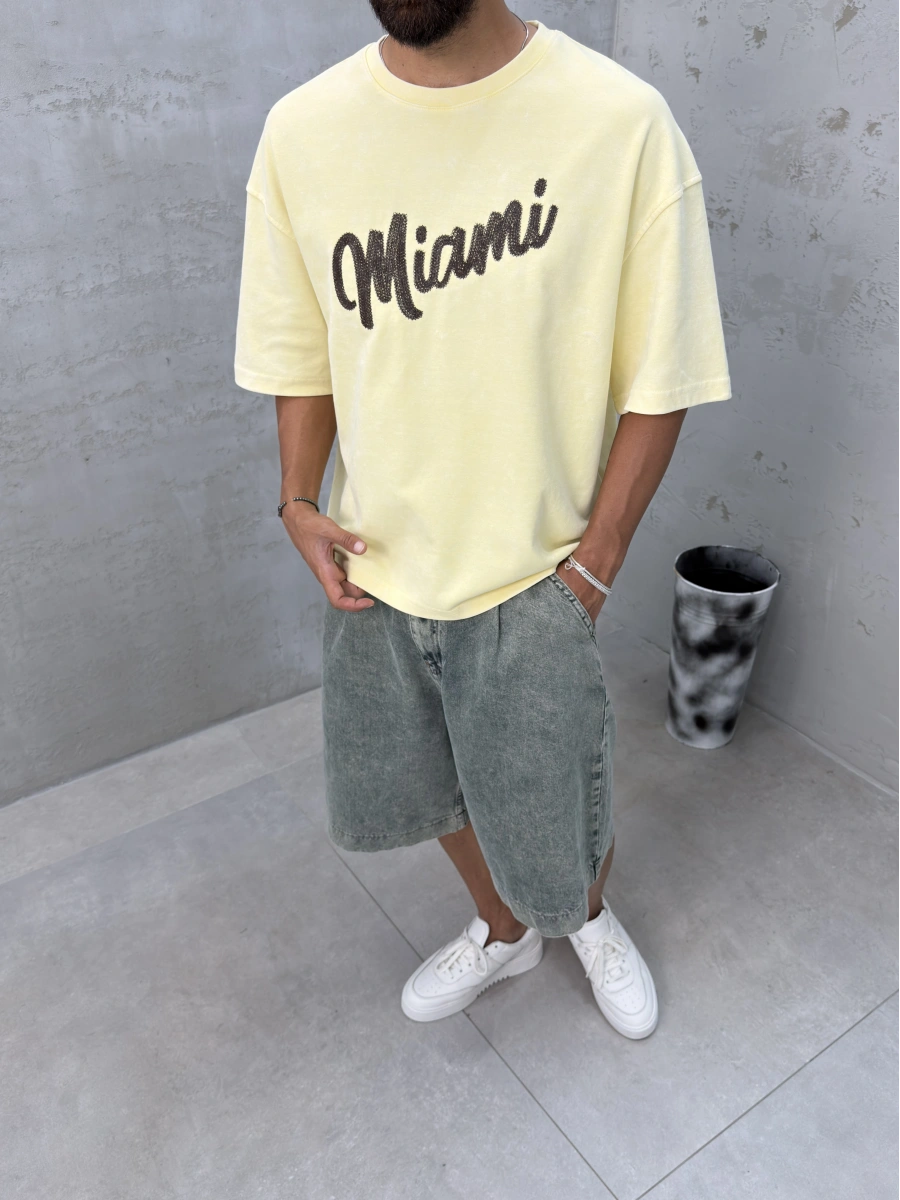 Sarı Yıkamalı Miami Oversize T-Shirt