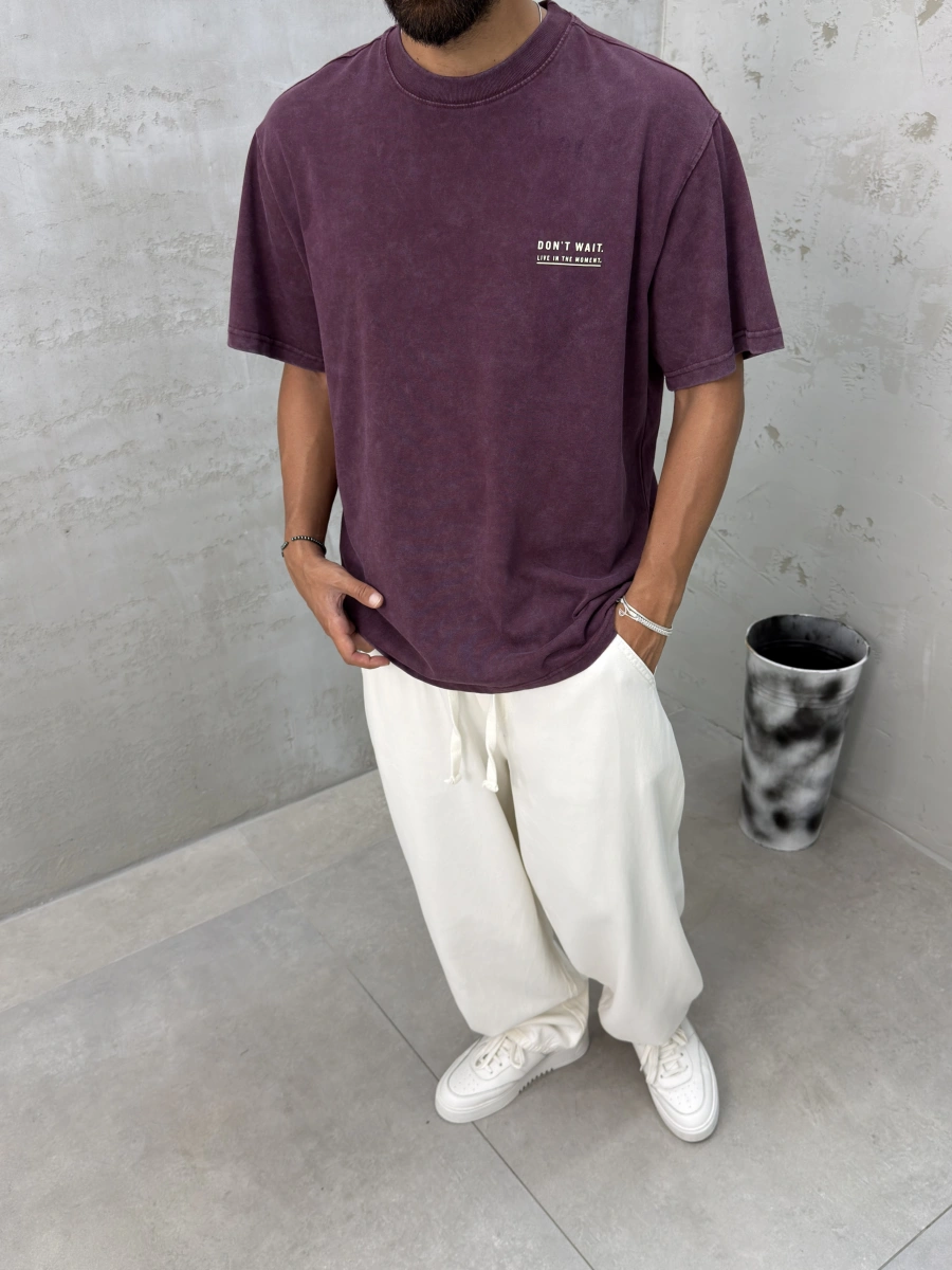 Bordo Yıkamalı Wait Baskılı Oversize T-Shirt