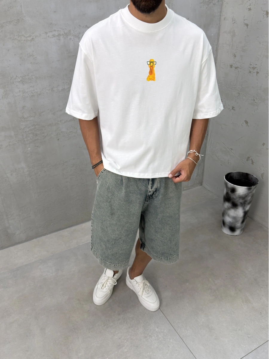 Beyaz Minimal Baskı Boxy T-Shirt