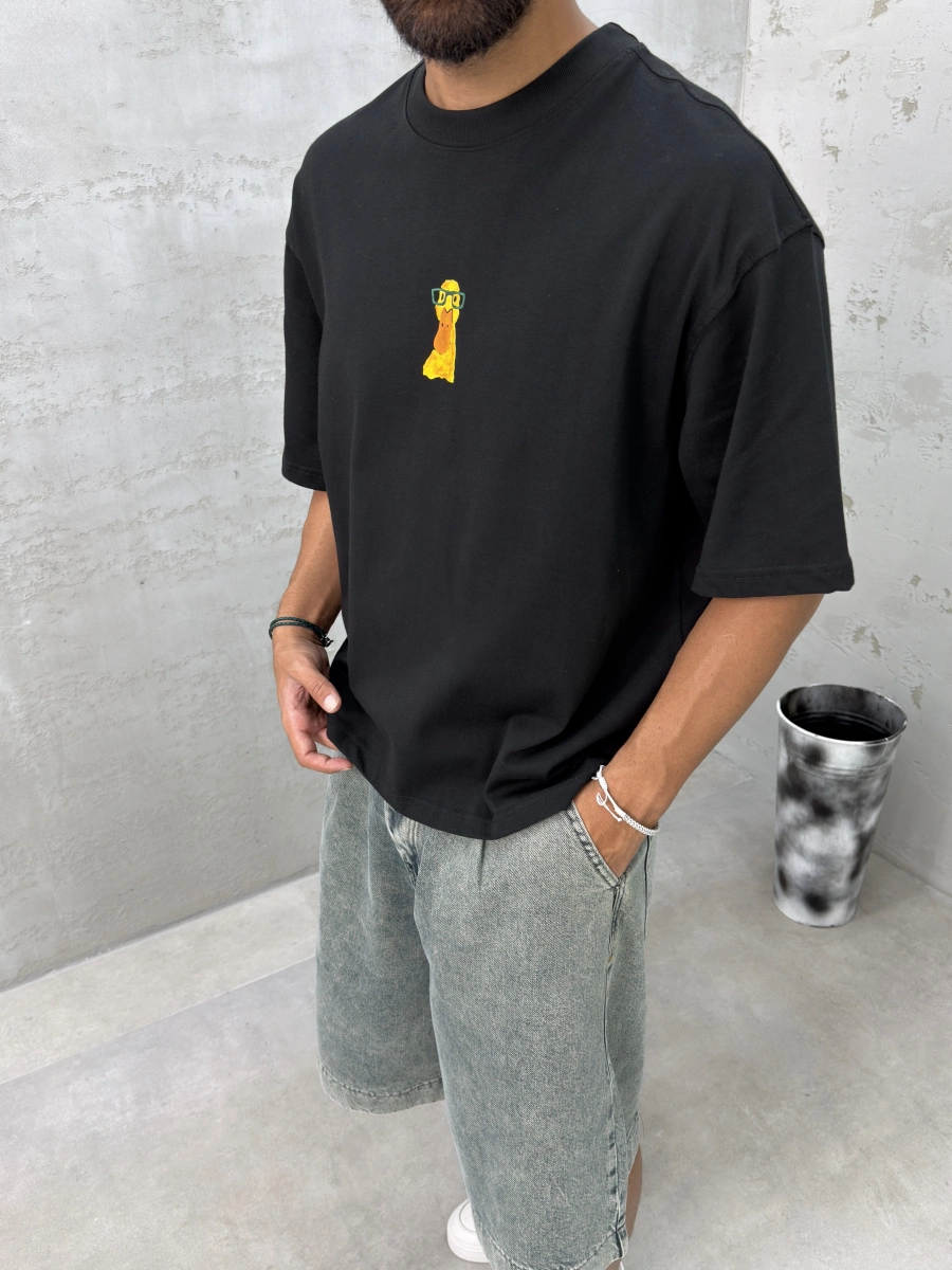 Siyah Minimal Baskı Boxy T-Shirt