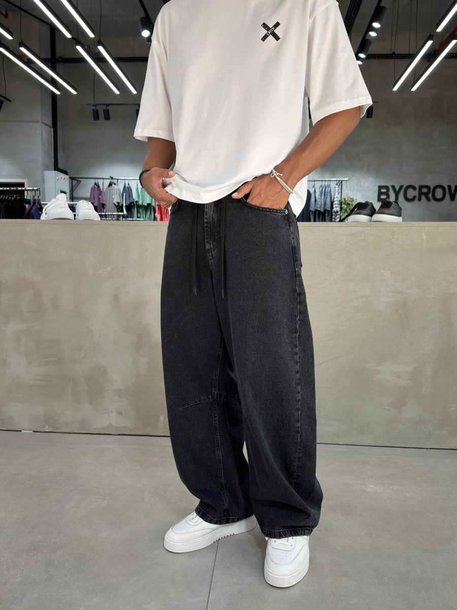 Siyah Yıkamalı Denim Süper Baggy