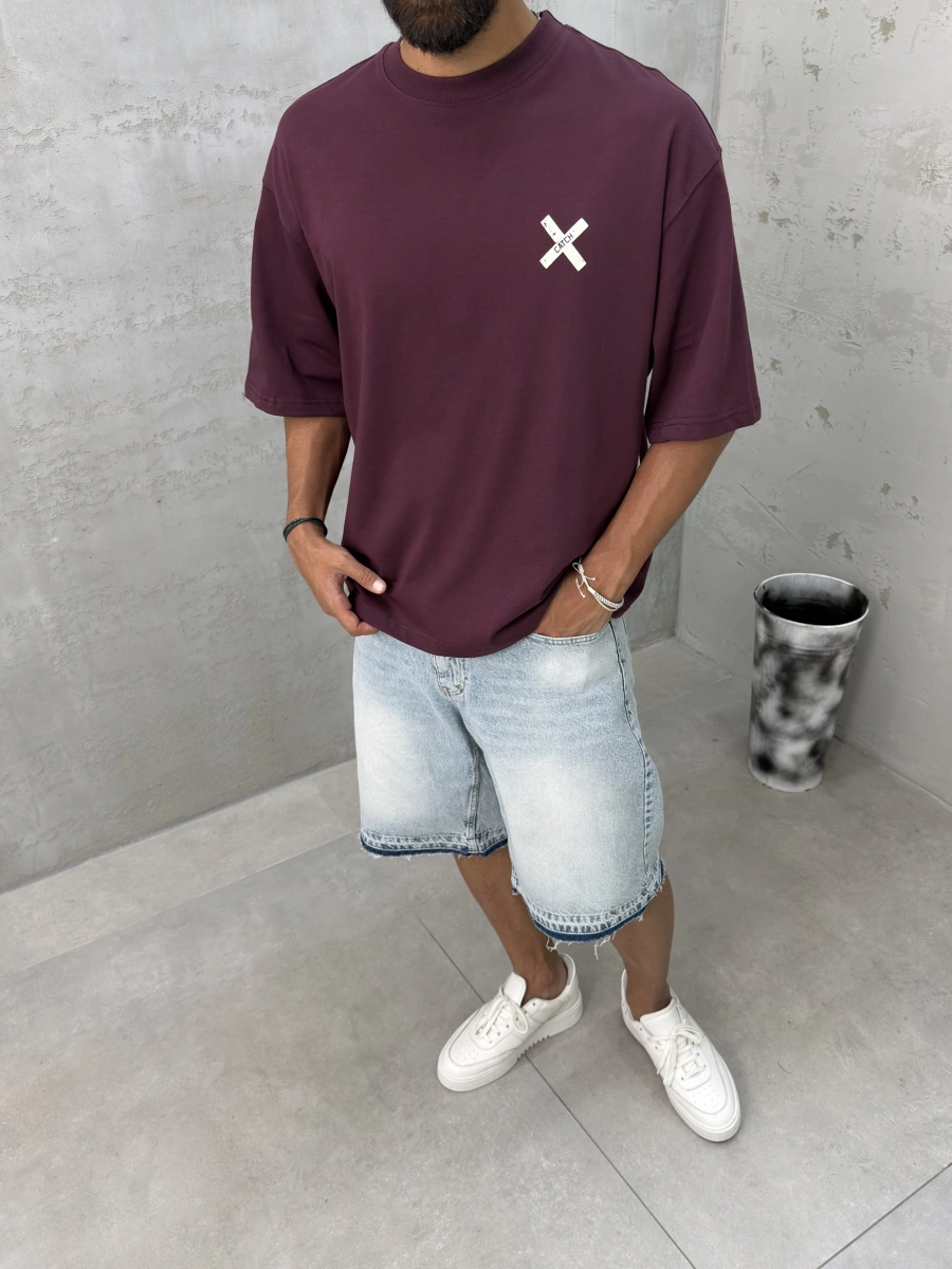 Bordo Yıkamalı Boxy Fit T-Shirt