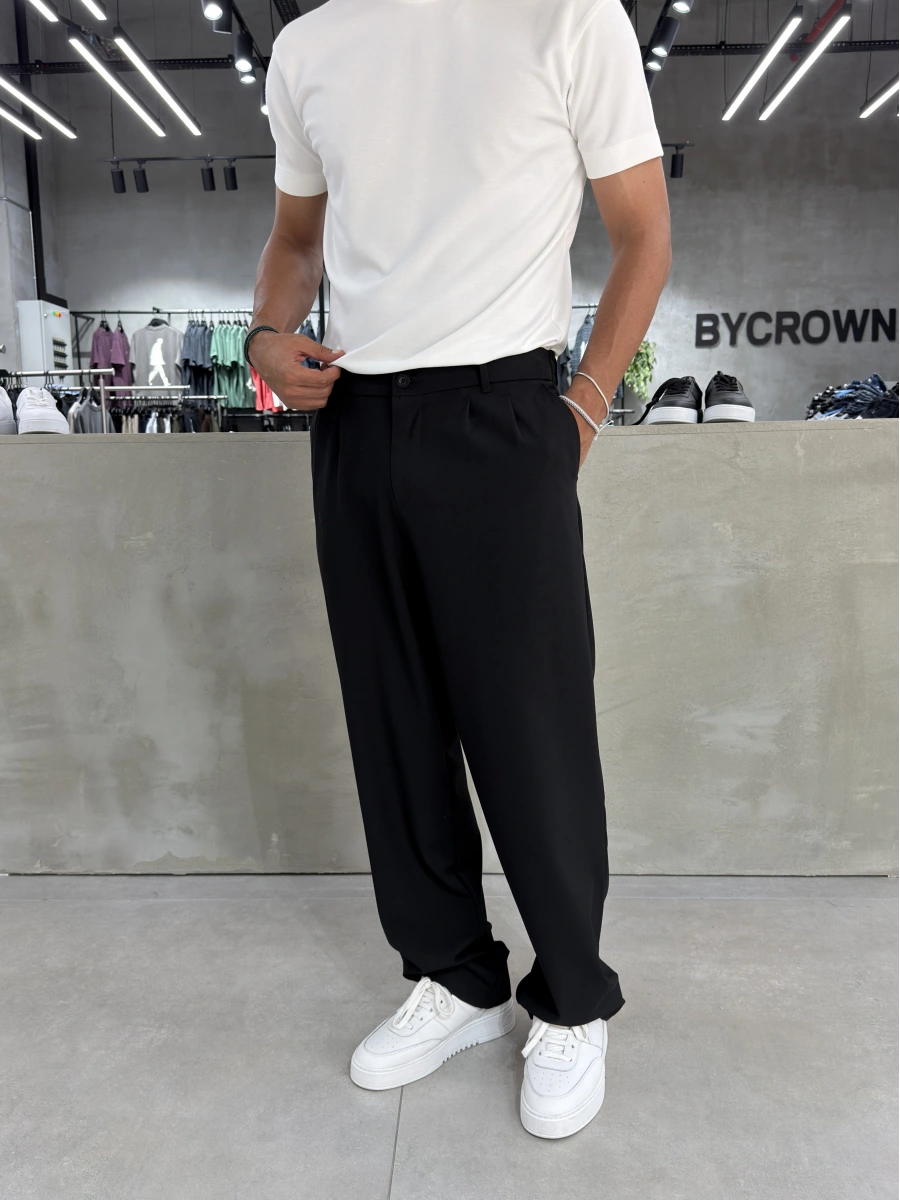 Siyah Premium Pileli Kumaş Baggy