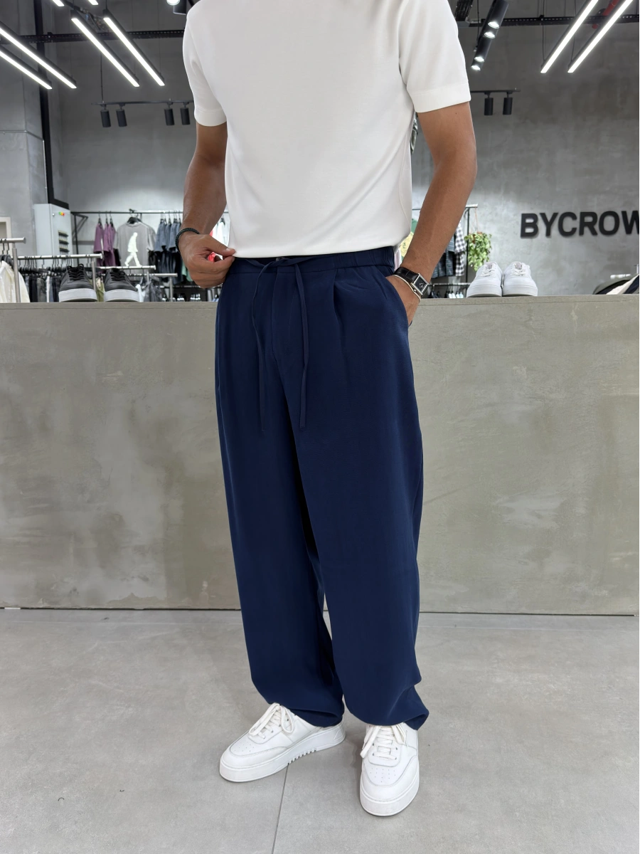 Lacivert Premium Tensel Pileli Baggy