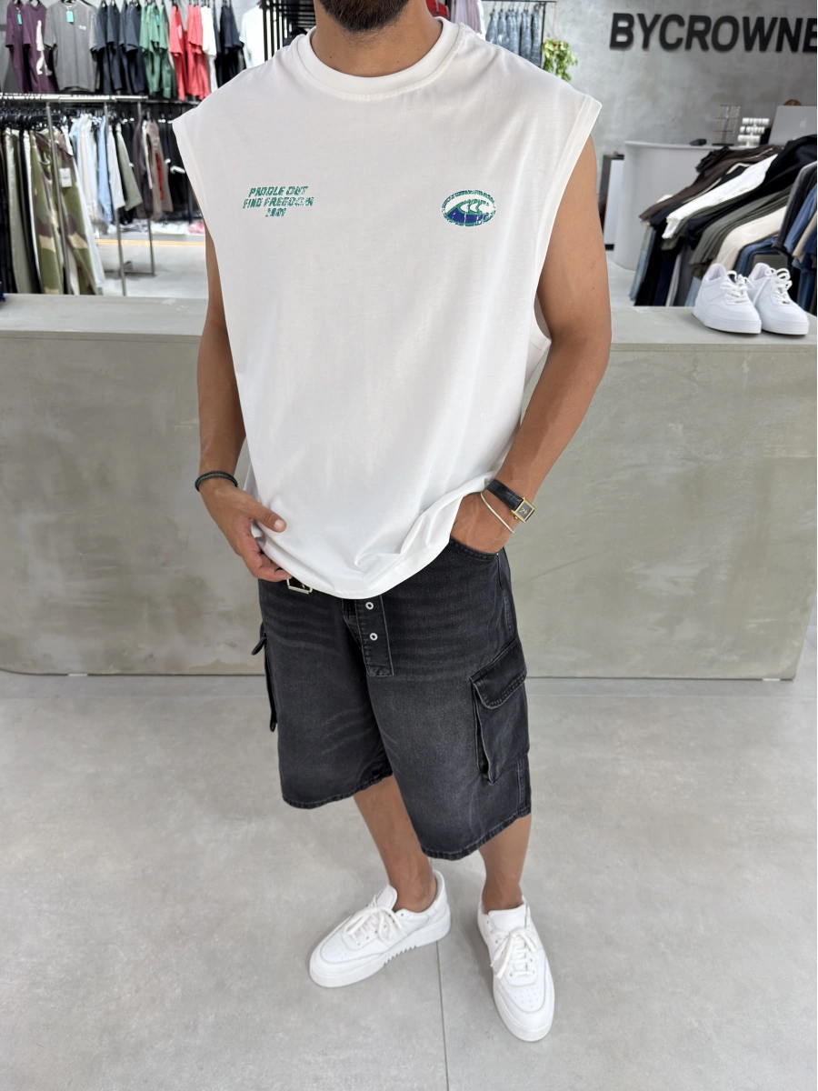Beyaz Waveset Oversize Baskılı Atlet