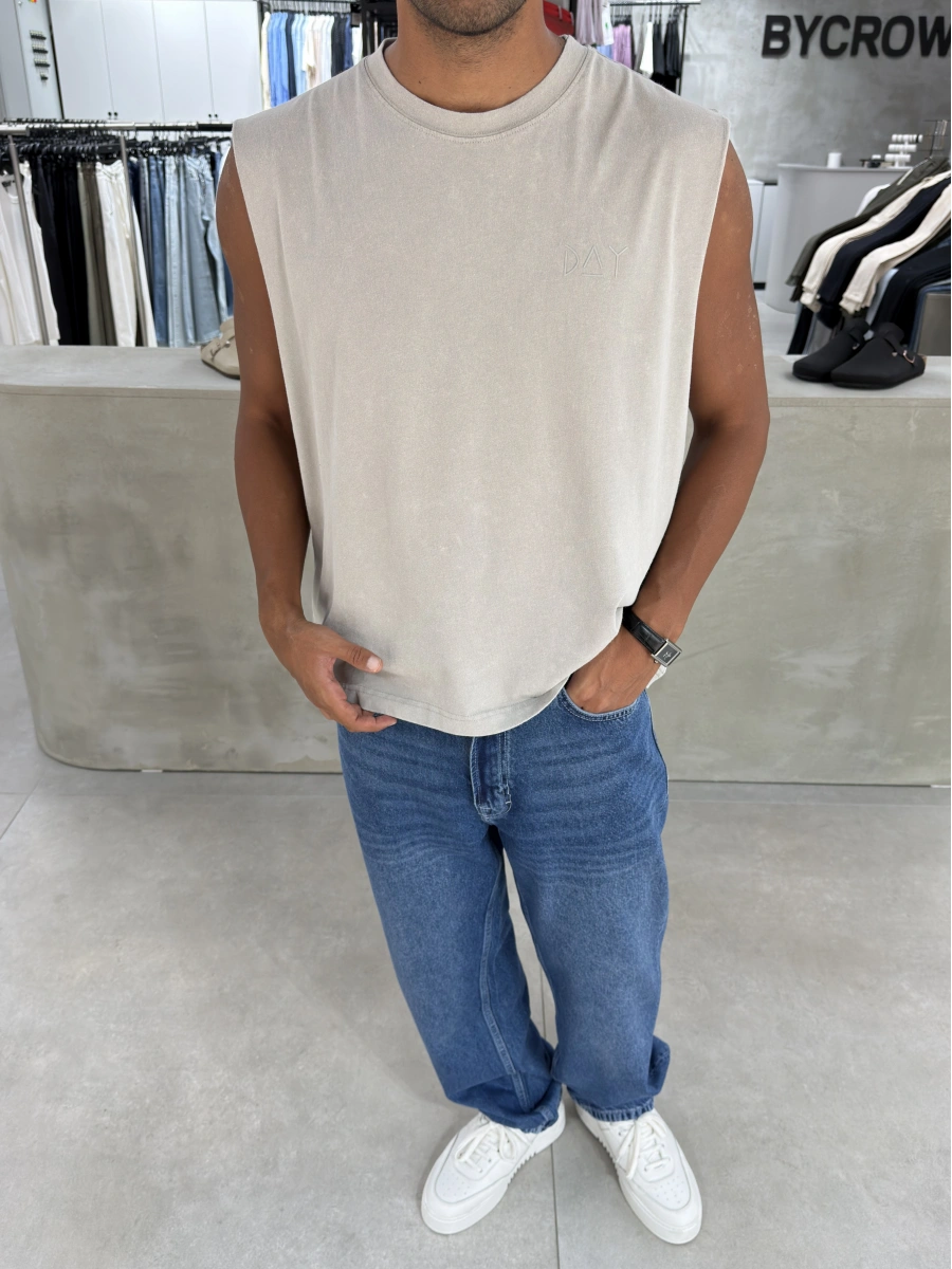 Day Bej Yıkamalı Oversize Atlet